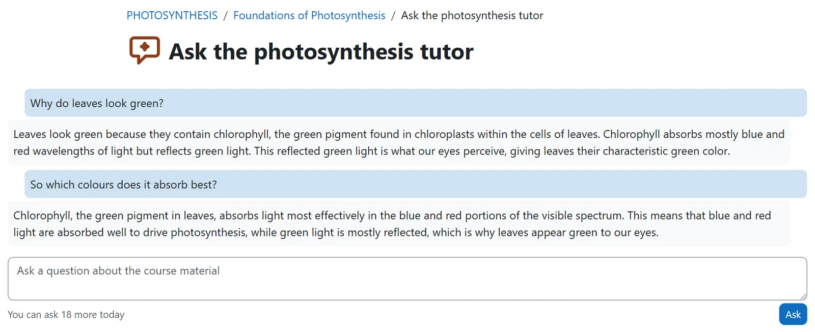 Lumination AI Tutor in Moodle answering a student's question and a follow-up from the course material