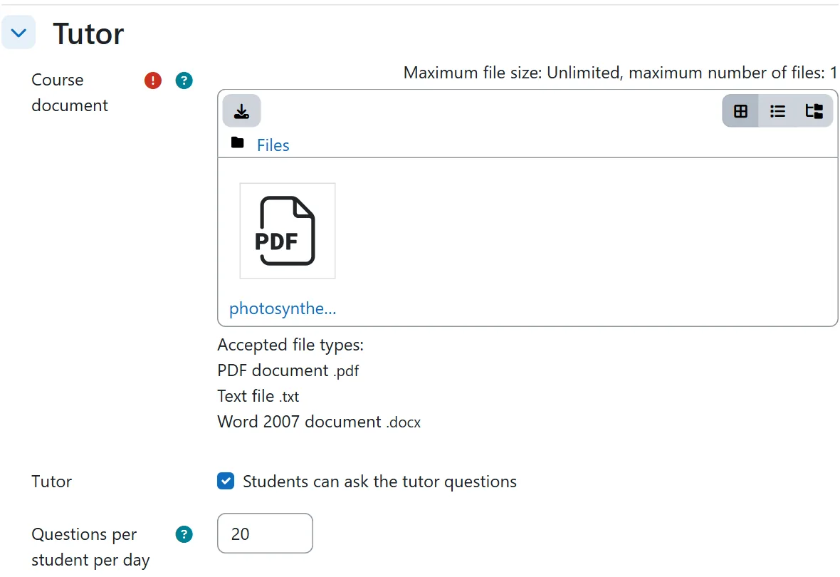 AI Tutor activity settings: the course document, on and off switch and daily question limit