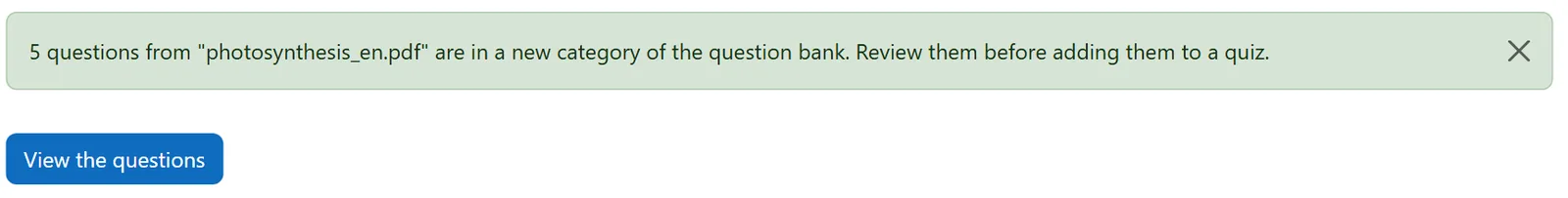 Generated questions land in a new Moodle question bank category for review
