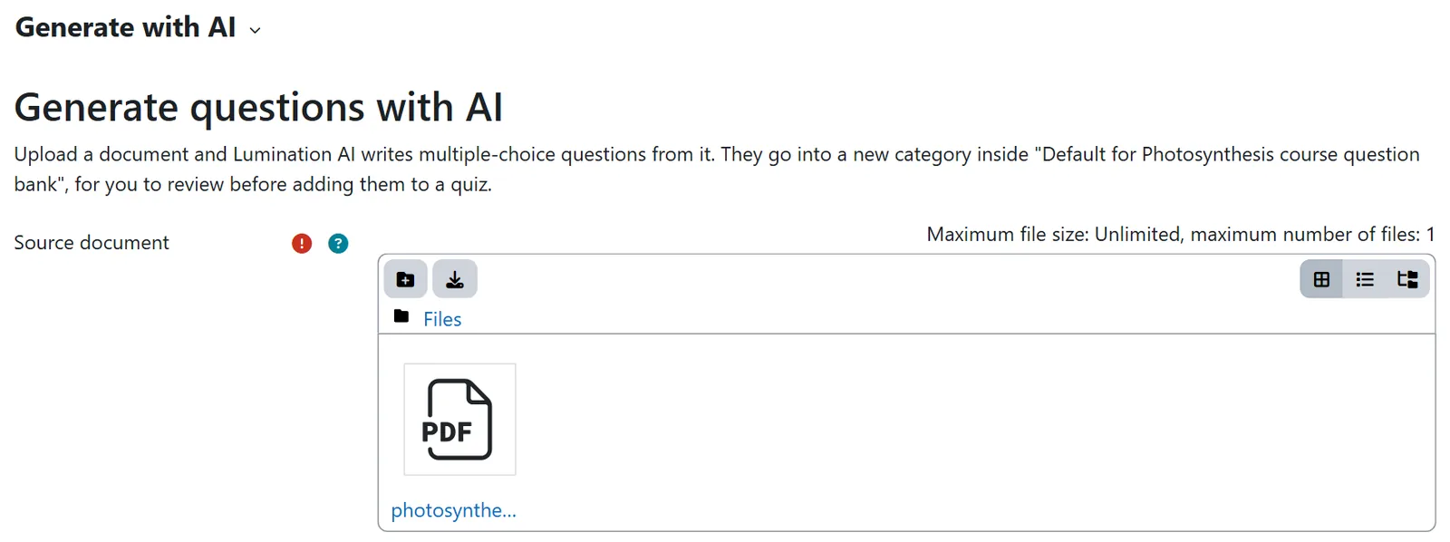 Generate with AI tab in the Moodle question bank, with a document attached